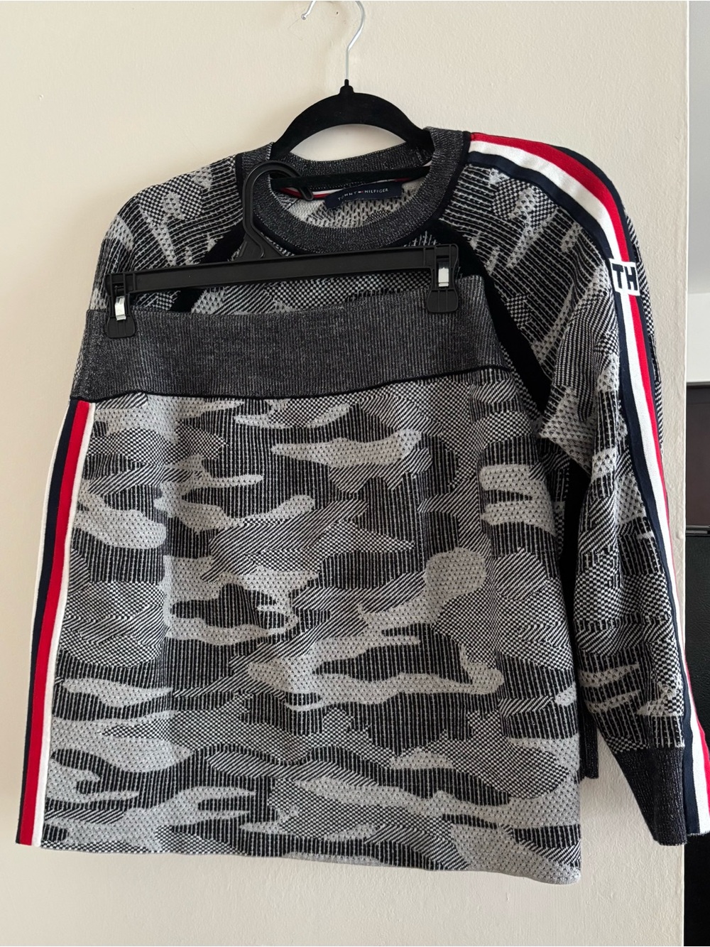 Real Tommy Hilfiger Gray Camouflage Skirt Set with Red & White Stripe Sweater